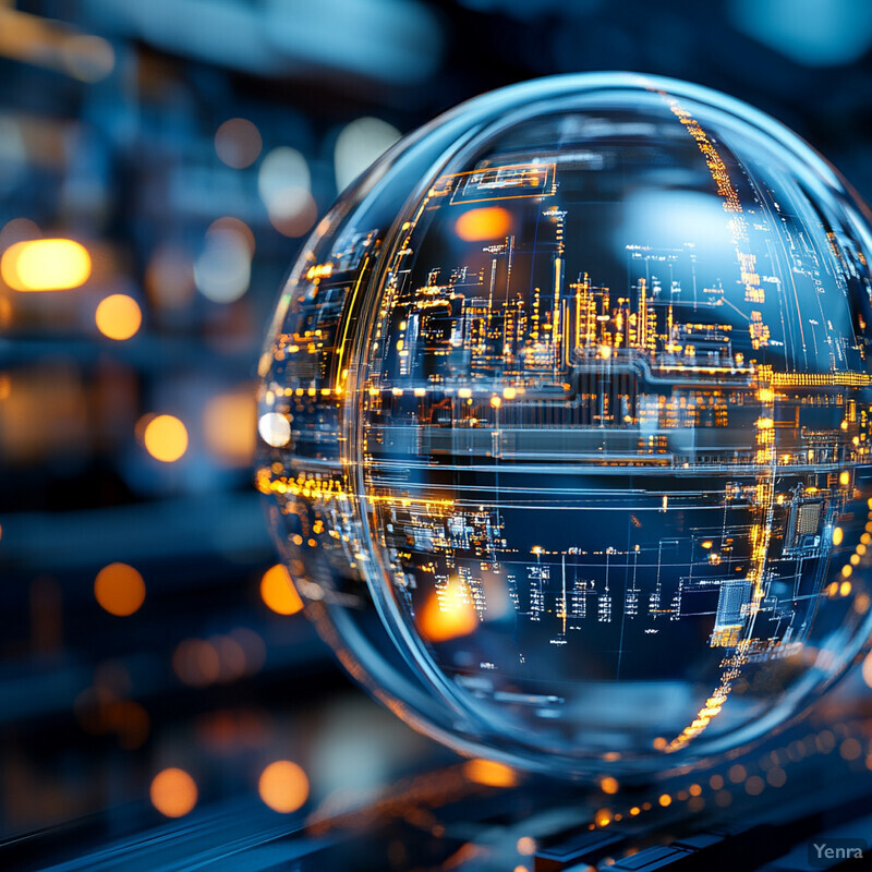 A futuristic image of a large glass orb surrounded by electronic components and smaller orbs with unique patterns.