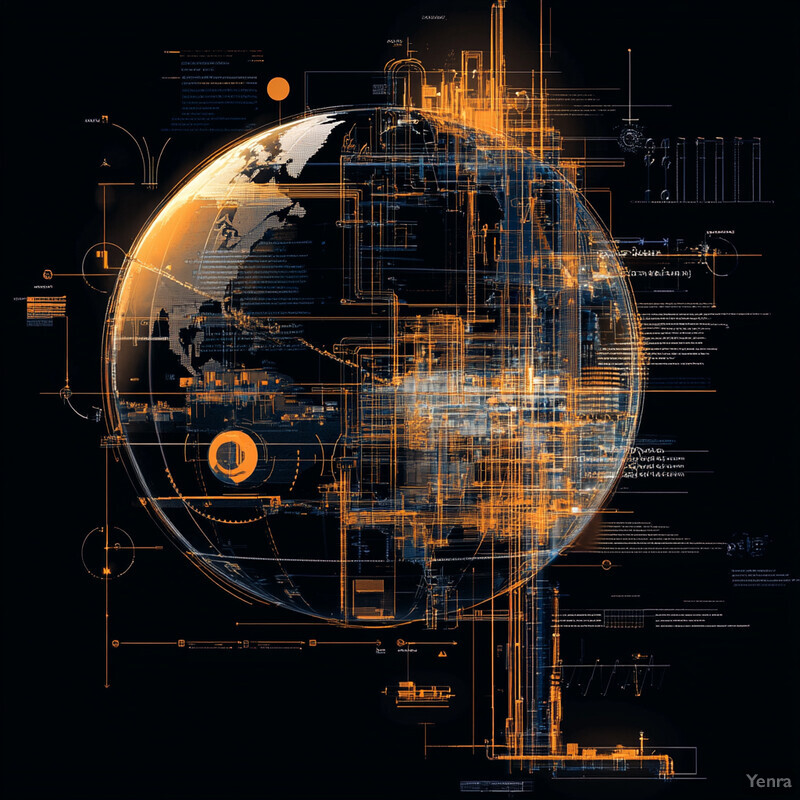 A detailed visual representation of a globe with overlaid lines, symbols, and text in gold against a black background.