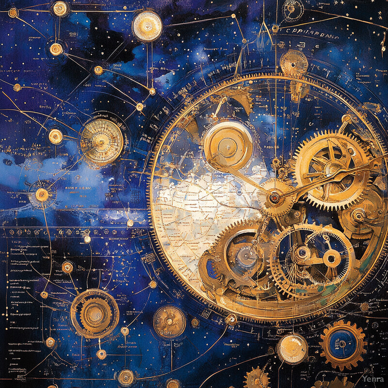 An intricate artwork featuring gold gears and symbols on a deep blue background that evokes the cosmos.