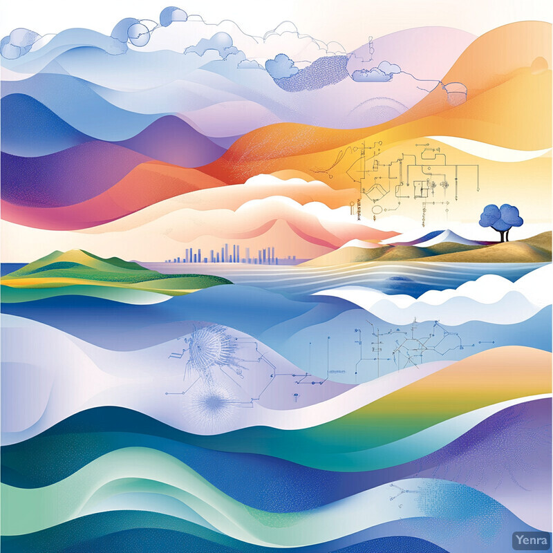 A colorful illustration of a landscape with rolling hills, mountains, and clouds, featuring a cityscape in the distance.