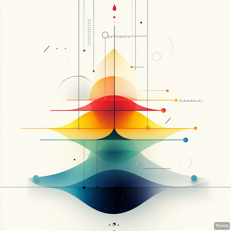 A visually striking and abstract composition featuring geometric shapes, vibrant colors, and intricate patterns.