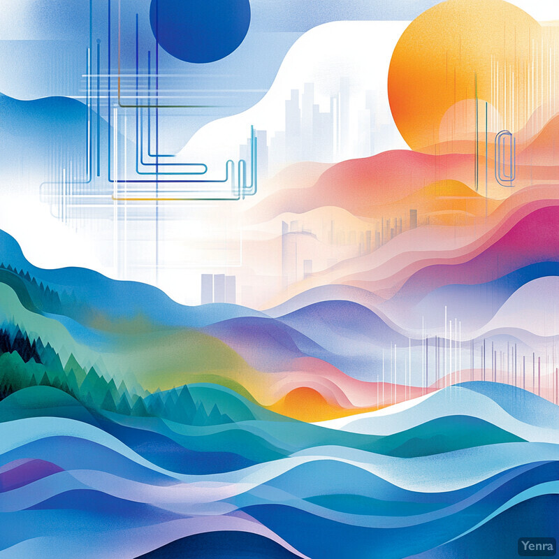 An abstract representation of a landscape with rolling hills, mountains, waves, trees, and buildings.