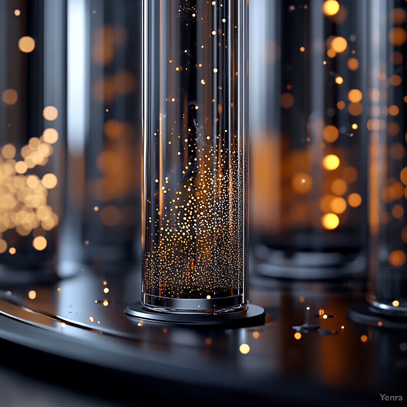 A collection of glass cylinders containing suspended gold and black particles, arranged on a dark surface.