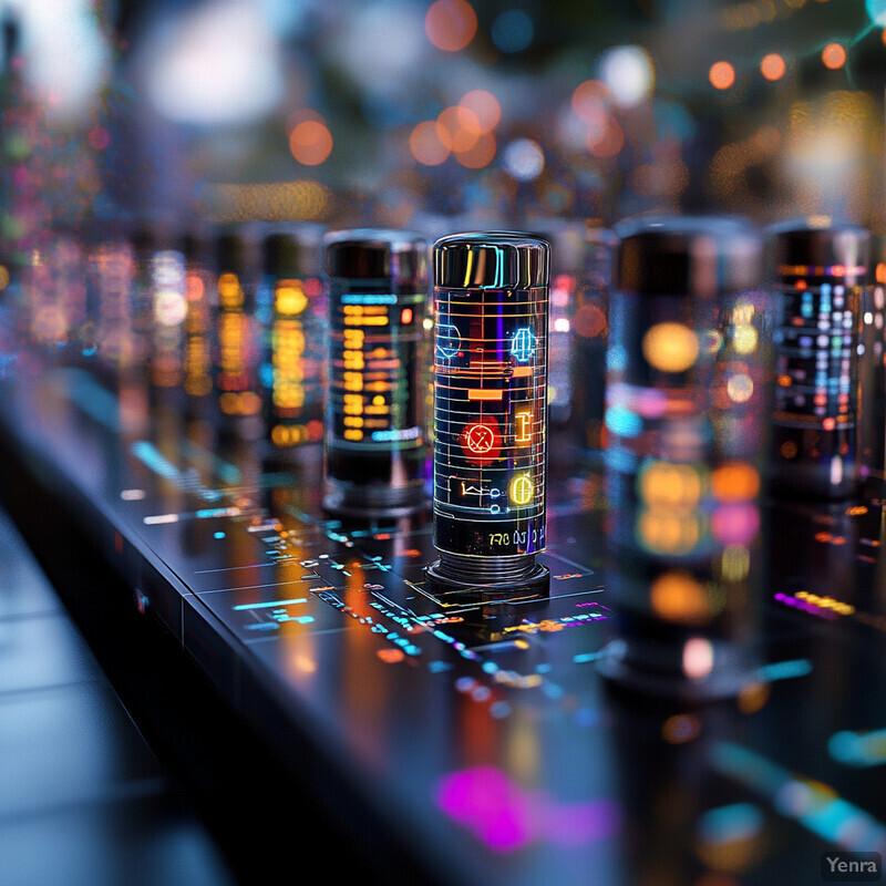 A futuristic control panel with multiple cylindrical devices, each featuring a black base and top, accompanied by a series of vertical lines on their sides.