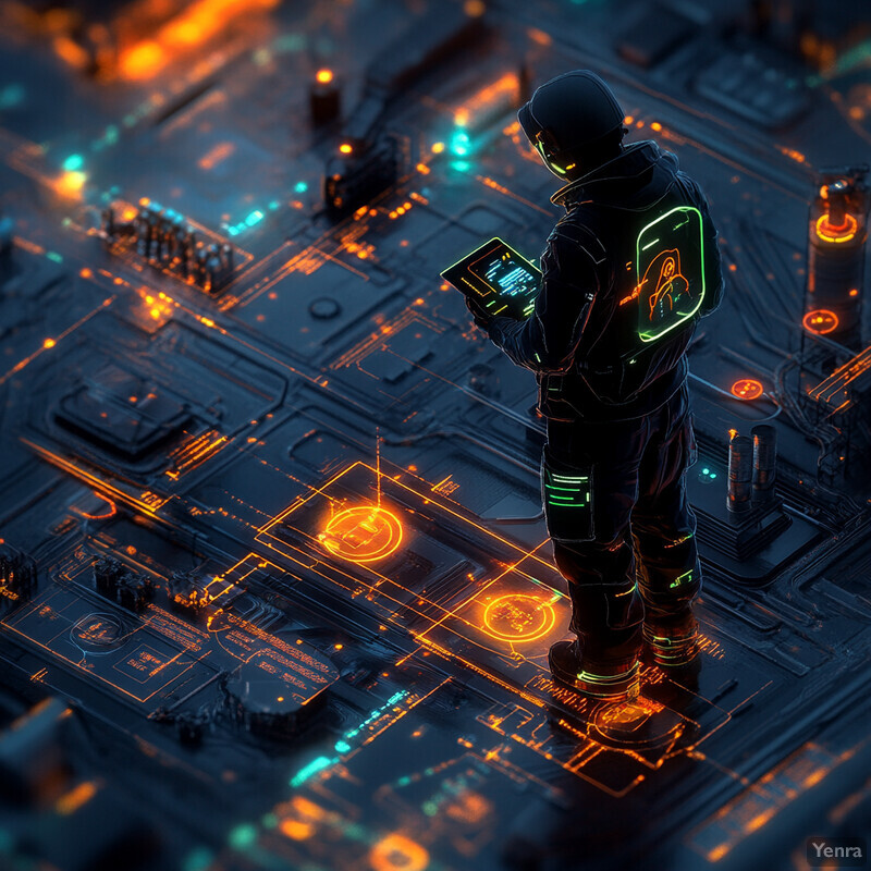 A person stands in the center of a futuristic scene, holding a tablet and surrounded by neon green outlines.