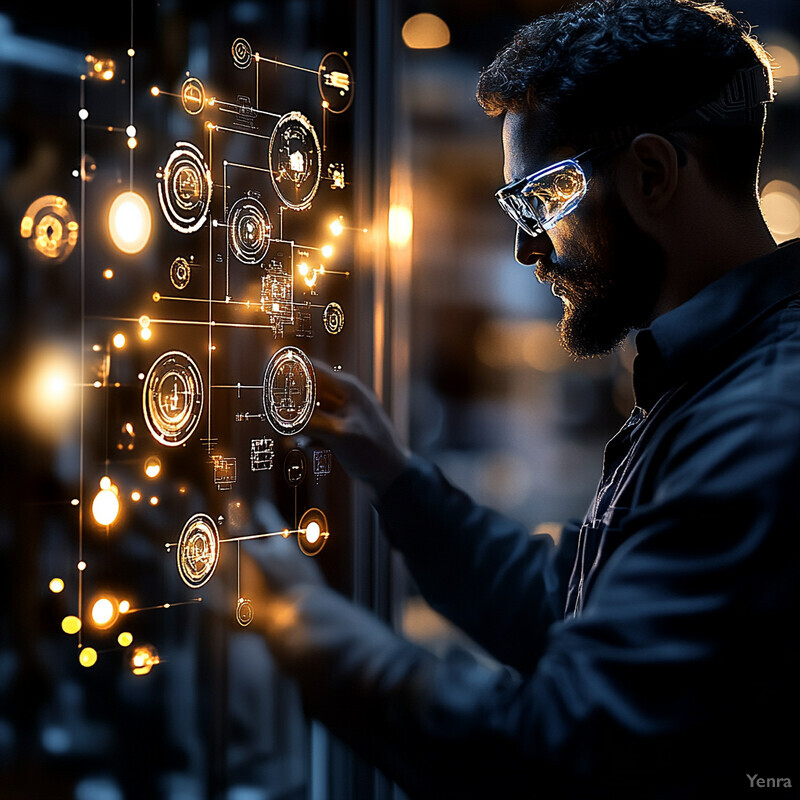 A man in safety glasses is intently analyzing information on a large screen displaying technology-related symbols and diagrams.