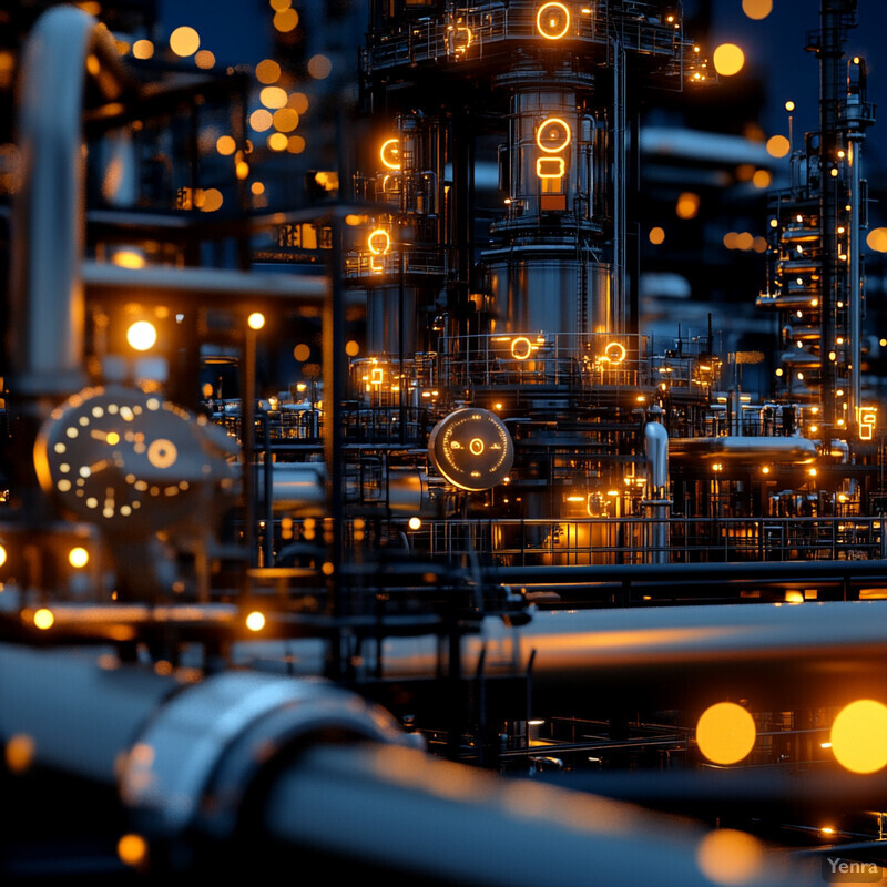 An industrial facility with large pipes and machinery, illuminated by artificial lighting.