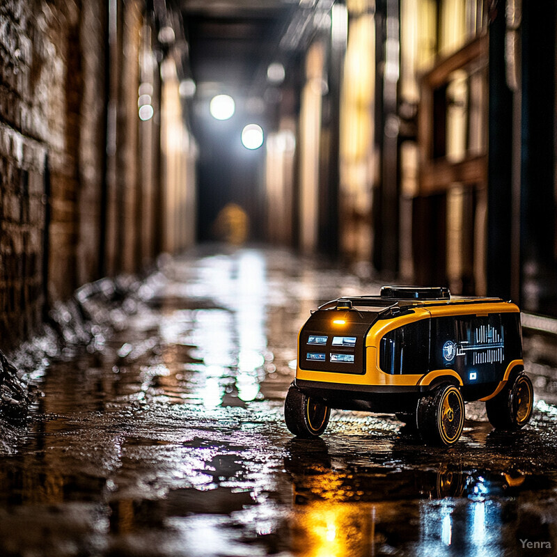 A small yellow and black robot navigating through a dimly lit hallway or tunnel.