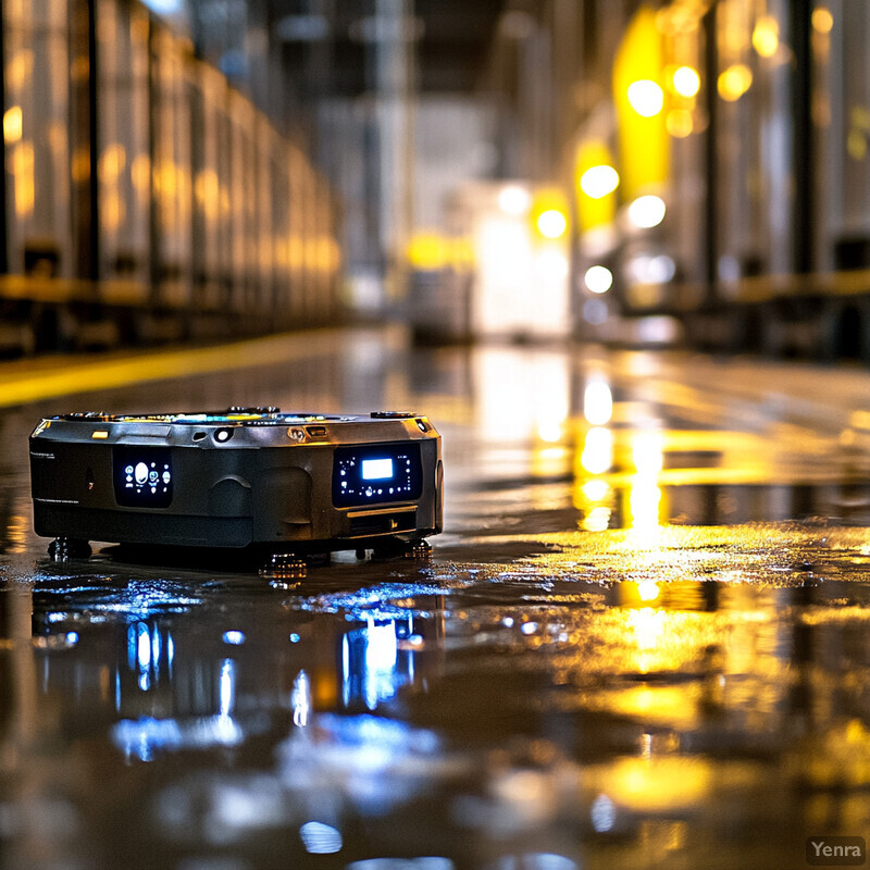 A black robot with two screens is seen in an industrial or commercial setting at night.