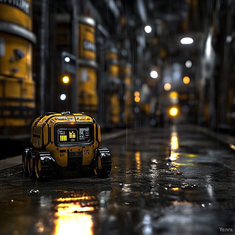 A small robot sits in the center of a dimly lit room filled with shelves and machinery.