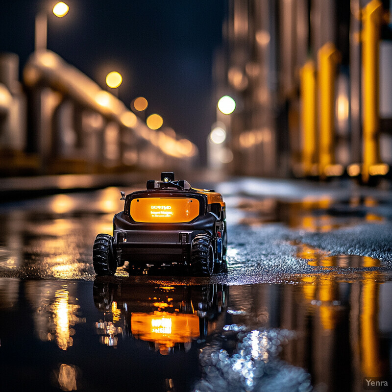 Two small robots on a wet road or sidewalk at night