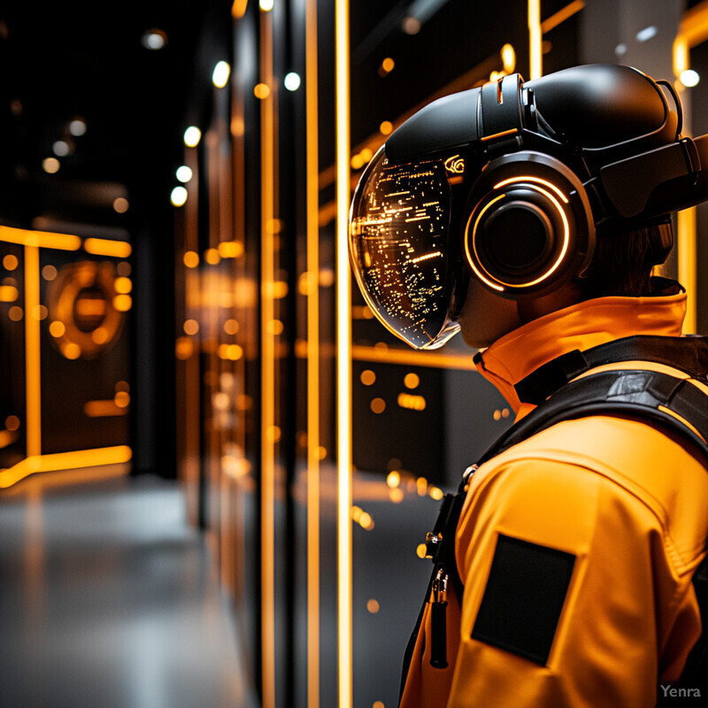 An astronaut in an orange jumpsuit and black helmet stands in front of a large screen displaying a cityscape at night.