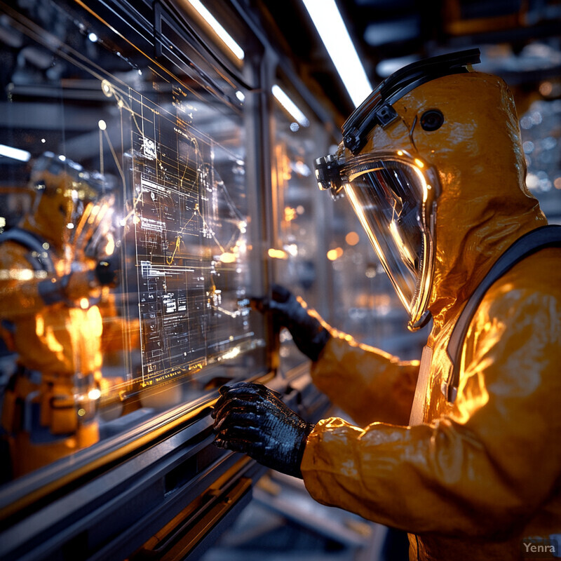 A person in a yellow hazmat suit is analyzing data on a screen.