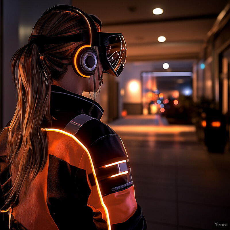 A woman in a virtual reality headset stands in an indoor environment, wearing a black jacket with orange accents.