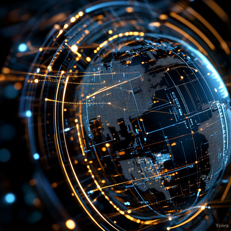 Abstract representation of global information sharing with a stylized globe and glowing orb.