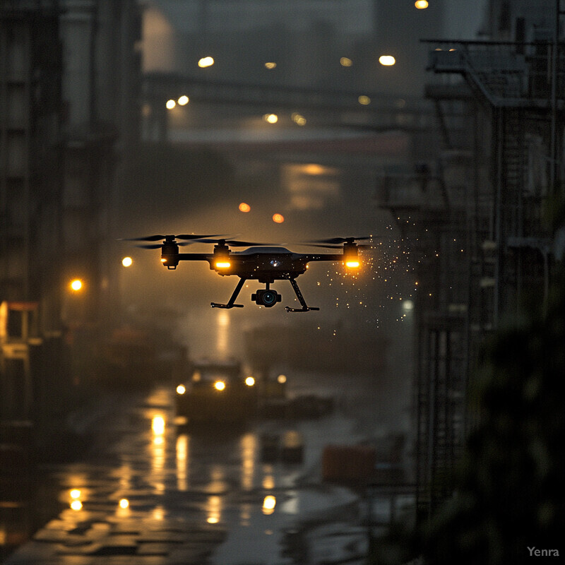 An unmanned aerial vehicle (UAV) is flying over a city street at night, capturing footage or taking photographs.