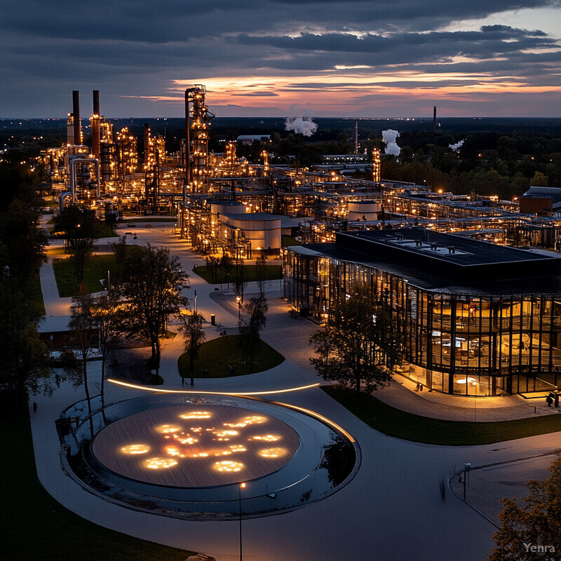 An industrial complex at sunset or sunrise, featuring a large factory building and numerous storage tanks in the background.