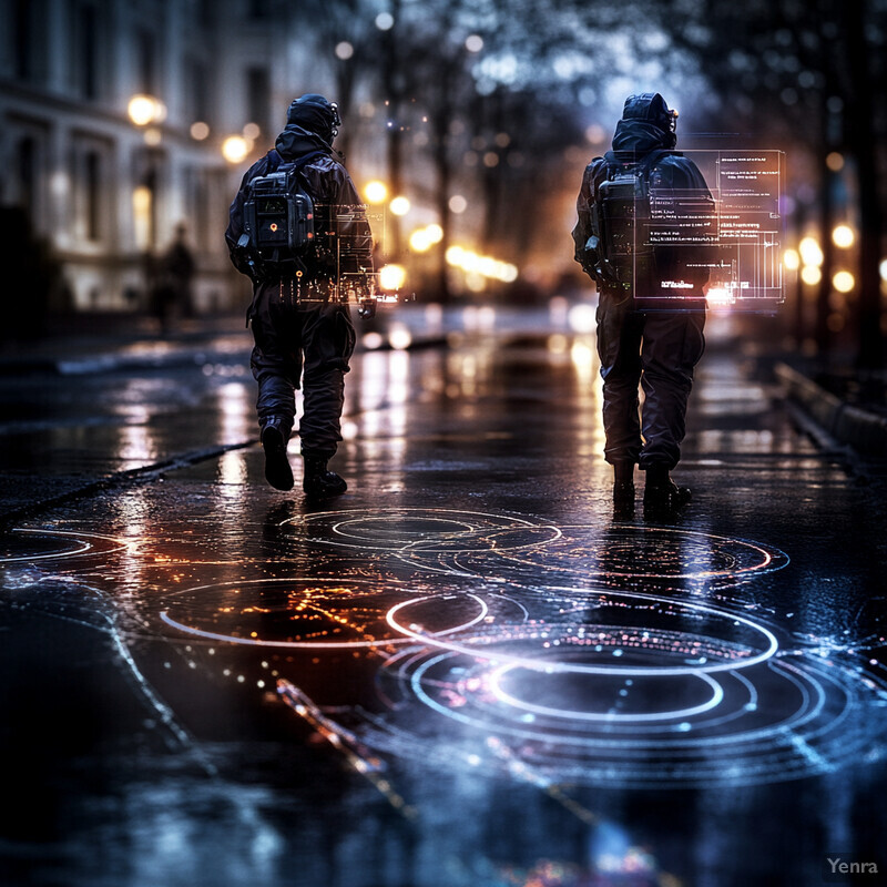 Two individuals in tactical gear walking down a wet city street at night.