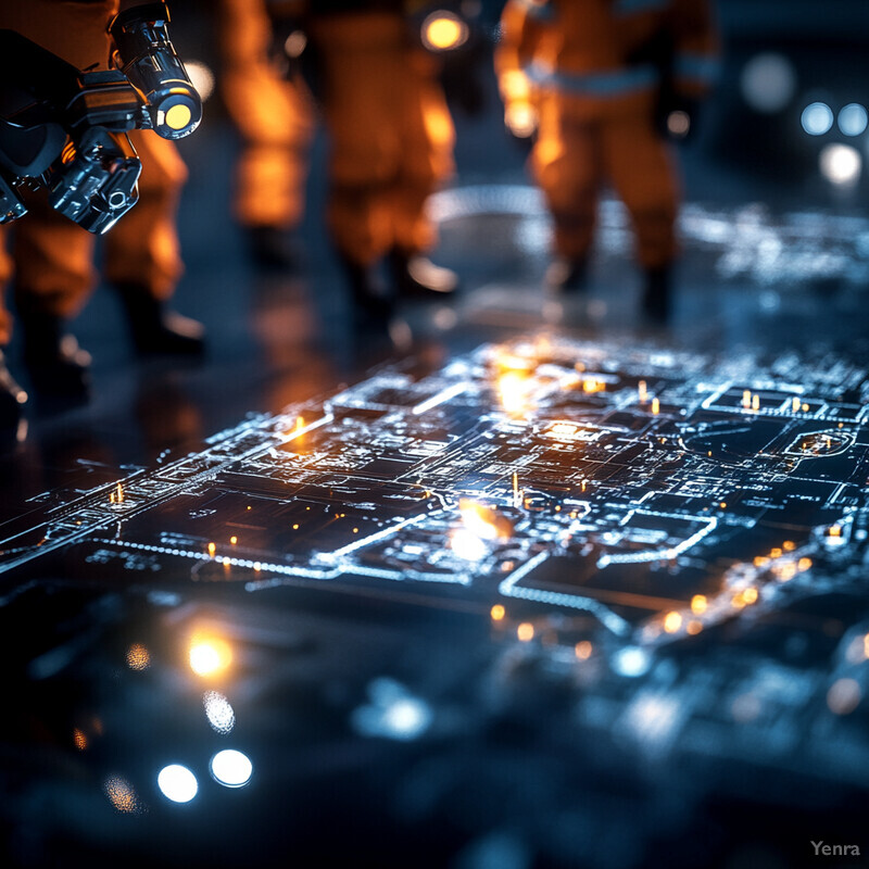 A group of people in orange jumpsuits examine a glowing circuit board.