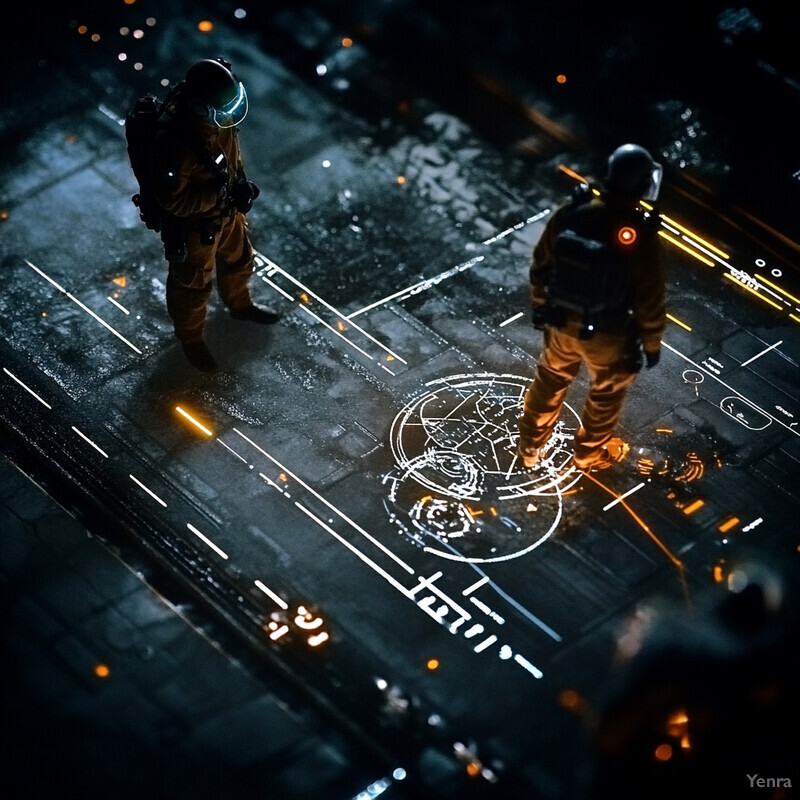 Two astronauts in space suits stand on a dark surface with a grid-like pattern.