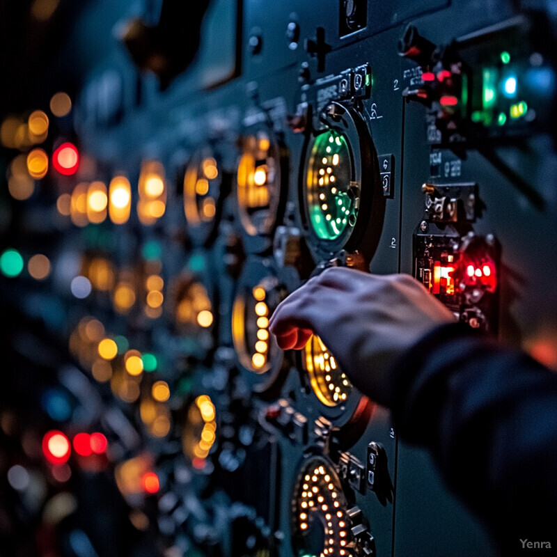 A person presses a button on an industrial control panel in a busy setting.