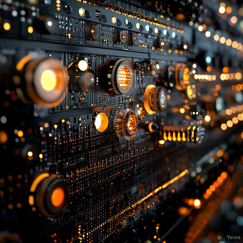 A complex electronic circuit board with various components, including capacitors and microchips, emitting orange lights.