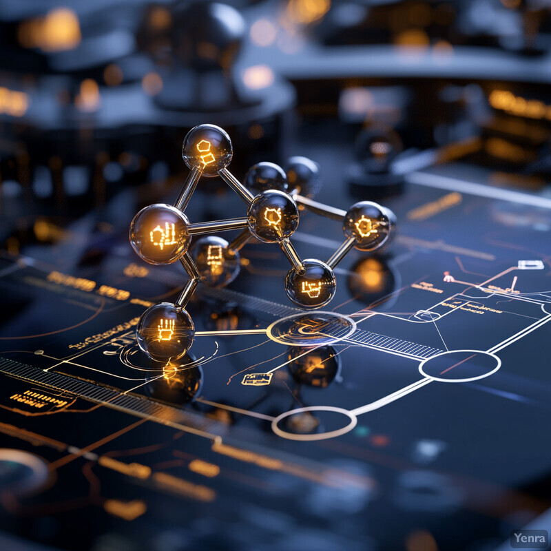 A stylized representation of a molecule with glowing yellow symbols, set against a dark background featuring circuit board-style lines and shapes.