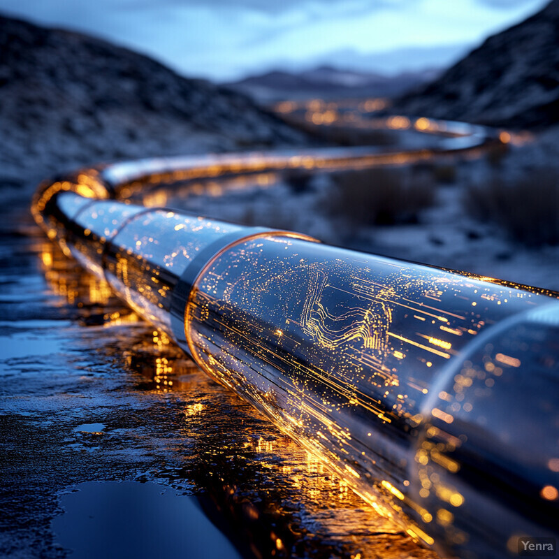 A pipeline running through a landscape with several small leaks.