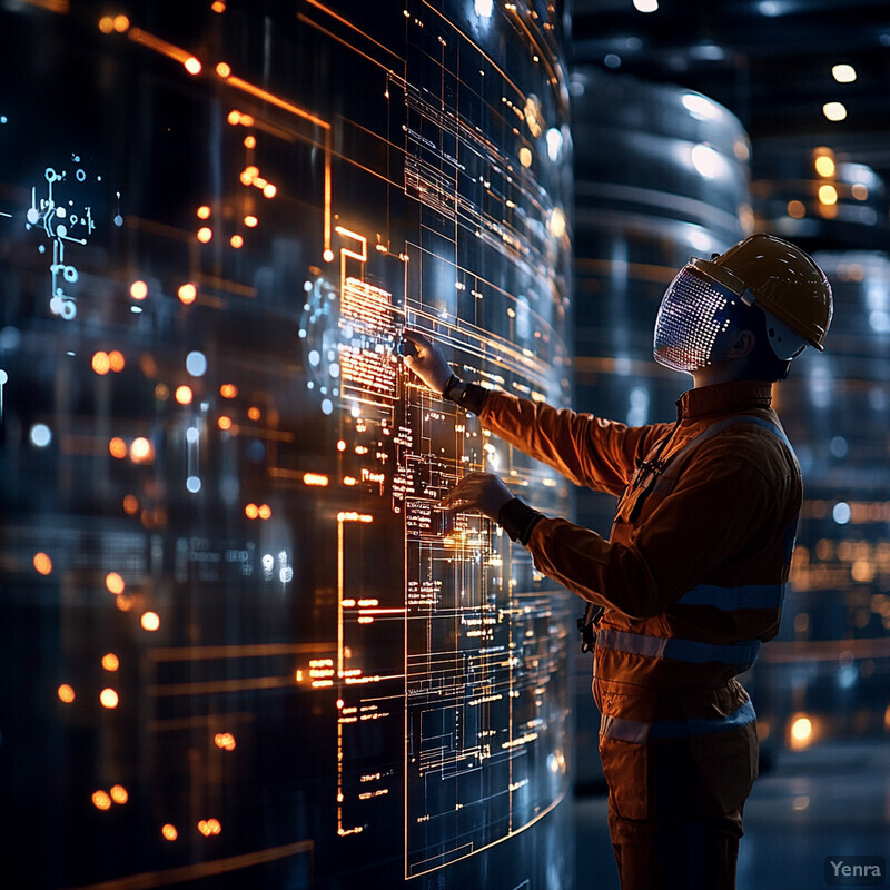 A person in an orange jumpsuit is interacting with a large screen displaying predictive maintenance data for storage and transport equipment.