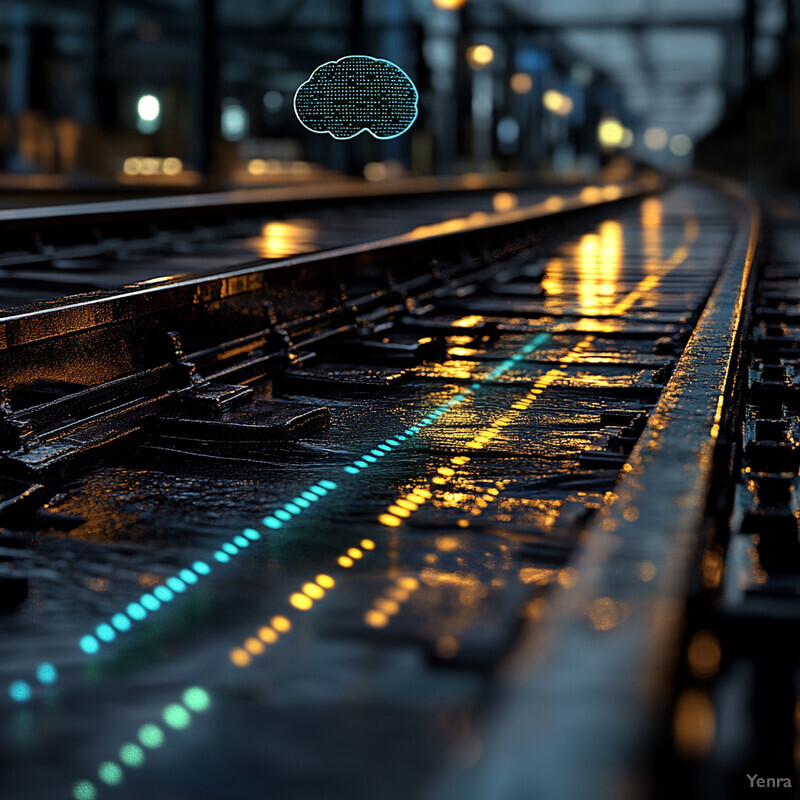 A dimly lit train station platform with empty tracks and an eerie atmosphere.