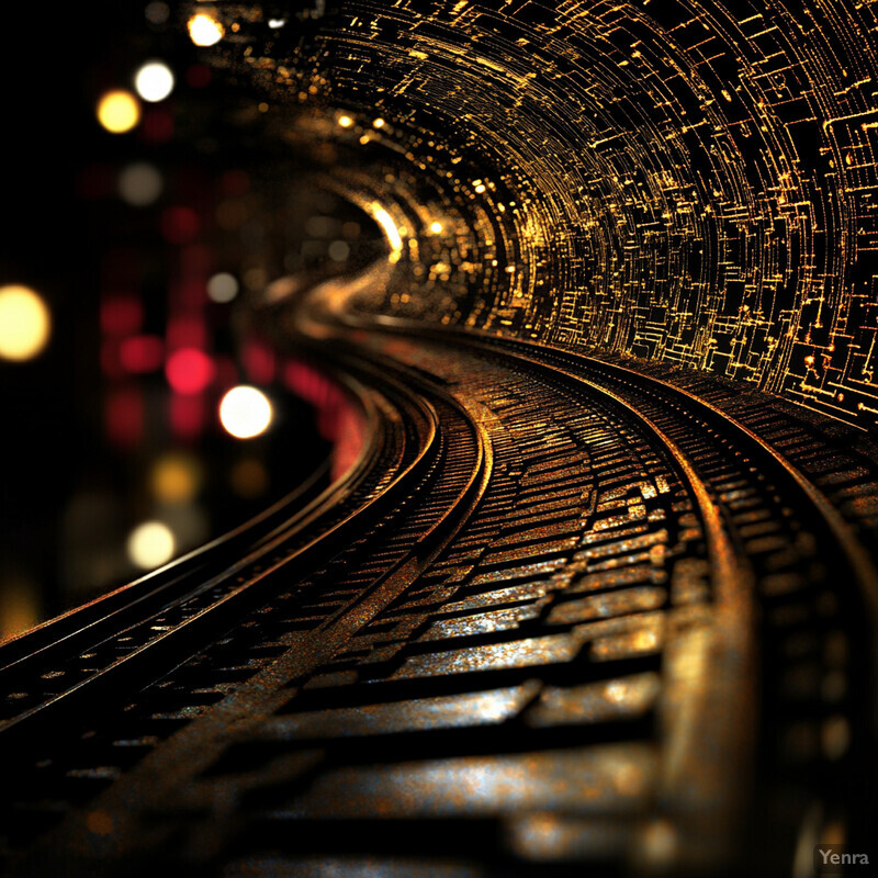 A dark and dimly lit train tunnel with stone/concrete walls