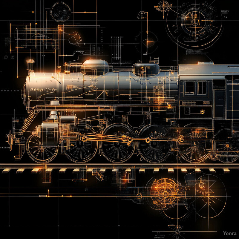 A detailed blueprint of a steam locomotive train engine.