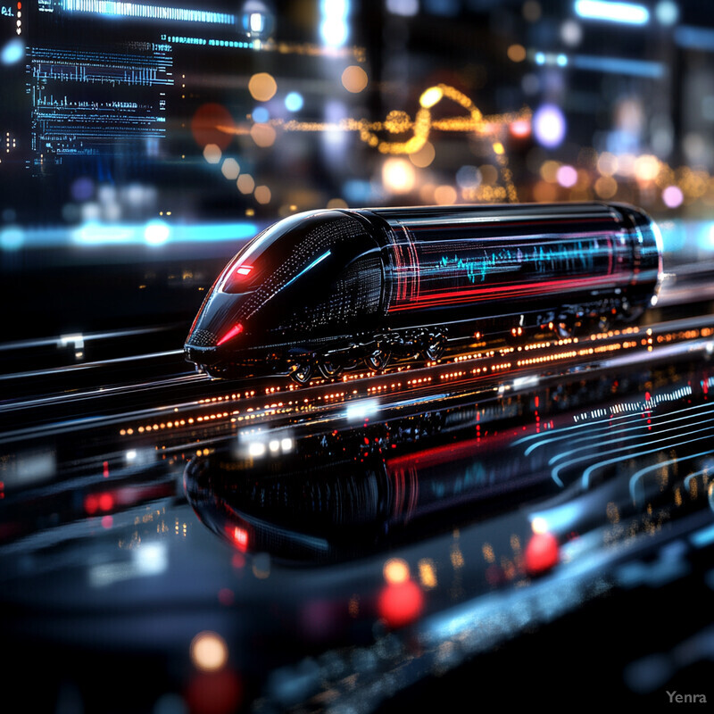 A futuristic train speeds through a city at night, leaving behind a trail of sparks and smoke.