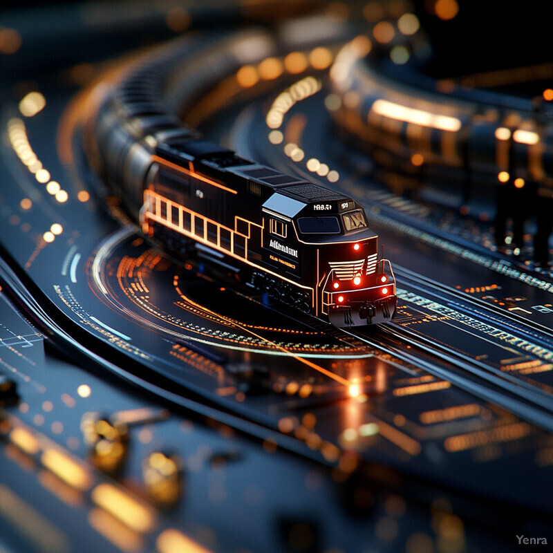 A miniature model of an electric train in motion on a circular track.