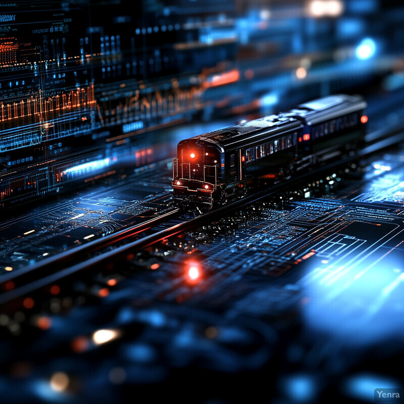 A futuristic train is integrated into a circuit board, with glowing blue and red lights illuminating its path.