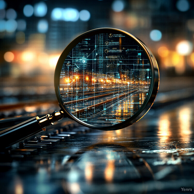 A magnifying glass is placed over a black keyboard on an office desk, with a cityscape in the background.