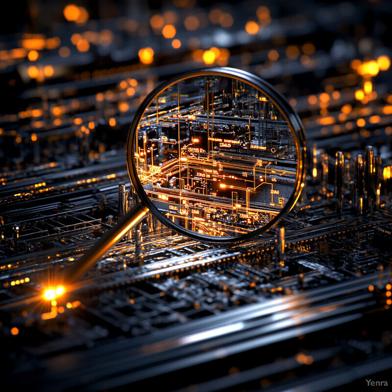 A magnifying glass hovers over a circuit board, revealing intricate details through its lens.