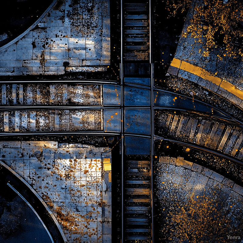 An aerial view of train tracks and platforms with shades of grey and blue.