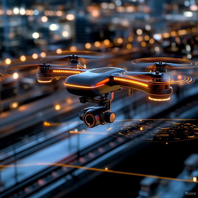 A drone flying over a city at night, equipped with a camera and spinning propellers.