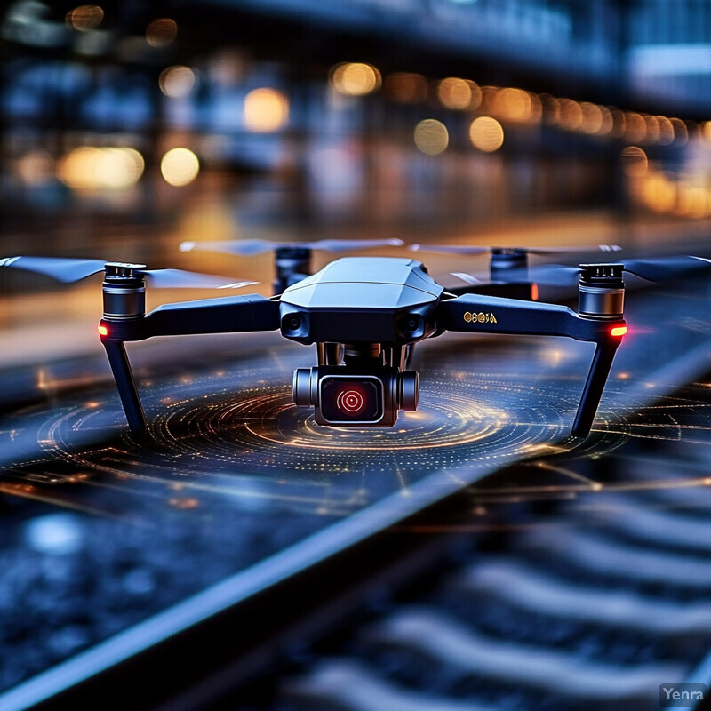 A drone hovers above train tracks at night, equipped with a camera lens facing downwards.