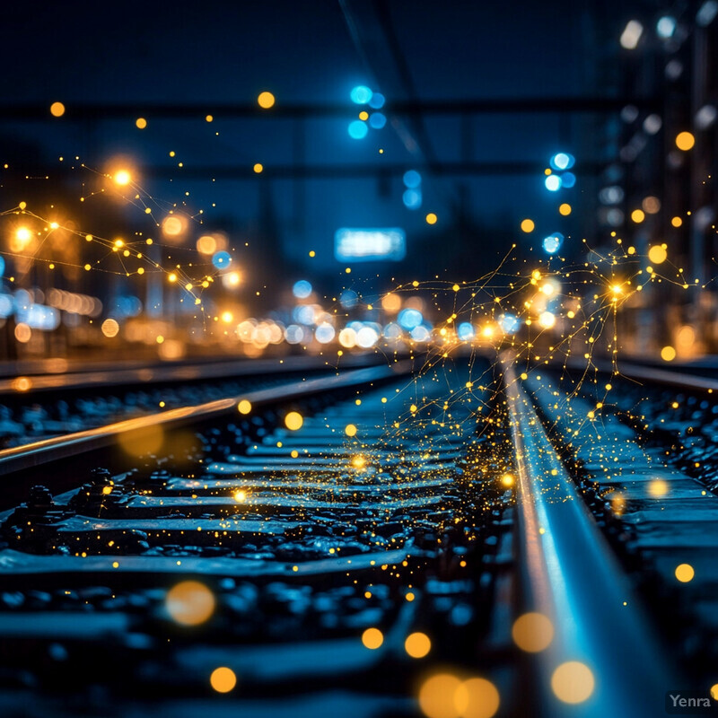 Nighttime scene of train tracks at a station