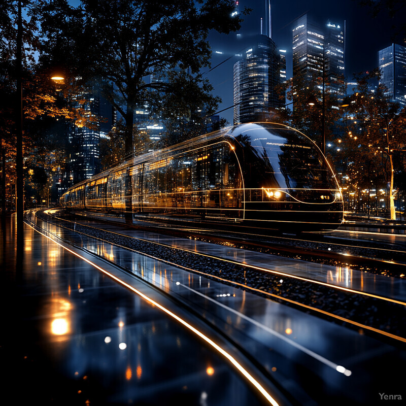 A sleek train glides through a cityscape at night, reflecting the vibrant lights of surrounding buildings.