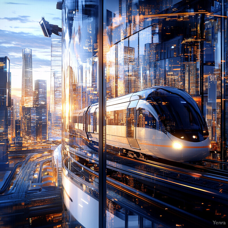 A futuristic cityscape featuring a sleek monorail train traversing through its center.