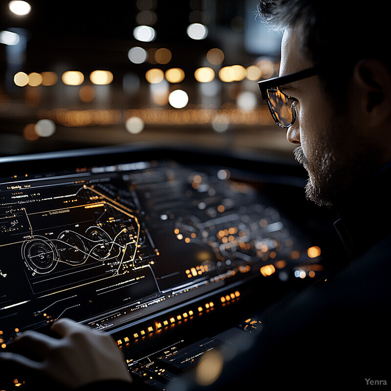 A man is intensely analyzing a large screen displaying dynamic graphs and charts in a dimly lit room.