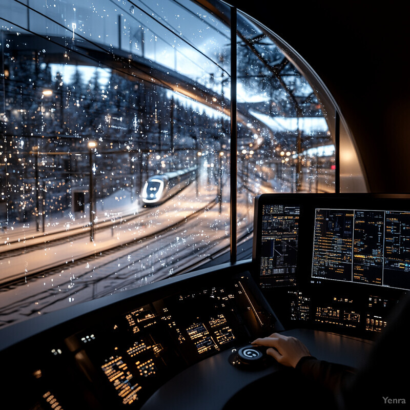 A train control room with multiple computer monitors and a large window offering a view of the tracks outside.