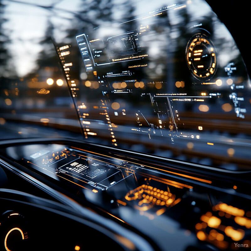 Automotive dashboard with large screen displaying navigation and infotainment information.