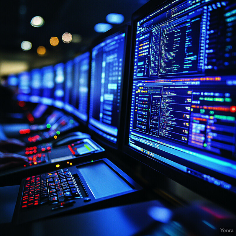 A dimly lit control room filled with rows of computer monitors and keyboards displaying lines of code.