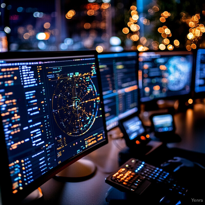 A dimly lit room with multiple computer monitors displaying data and charts.