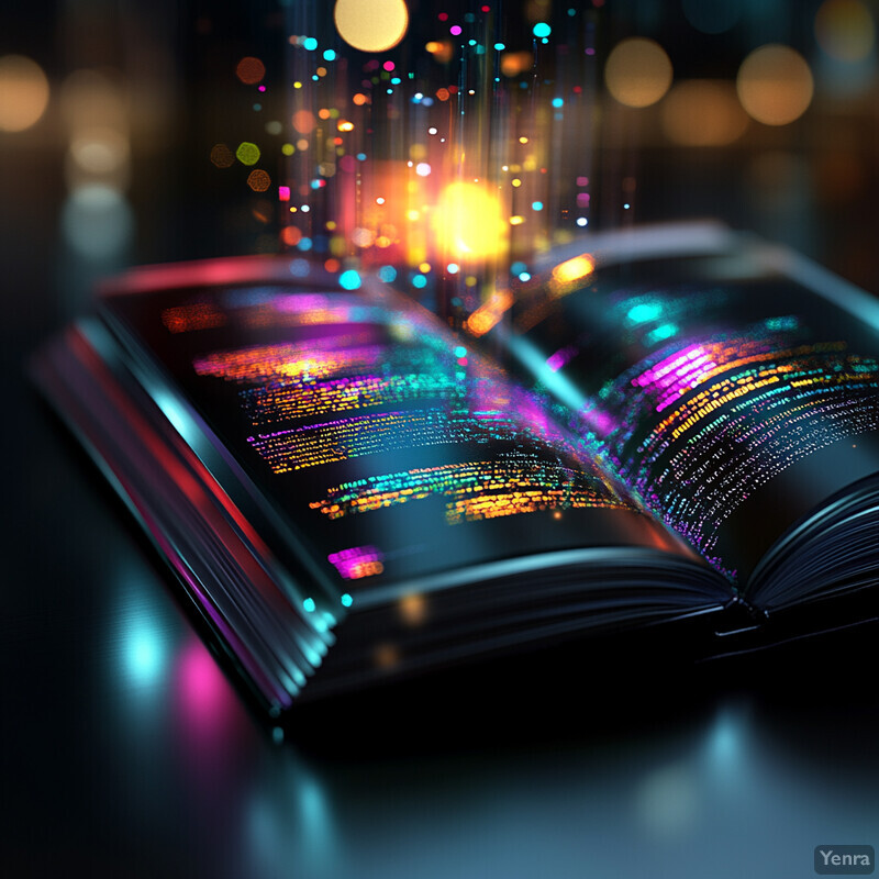 An illustration of a book with colorful lights emanating from it, set against a dark background.