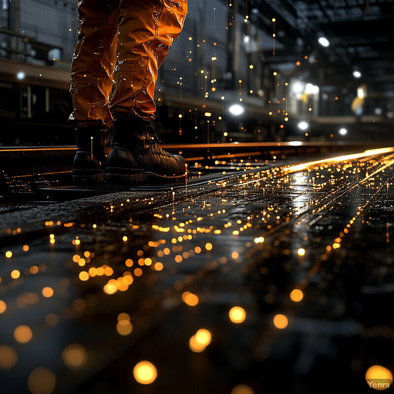 A person stands on a metal surface in an industrial setting, dressed in orange pants and black boots.